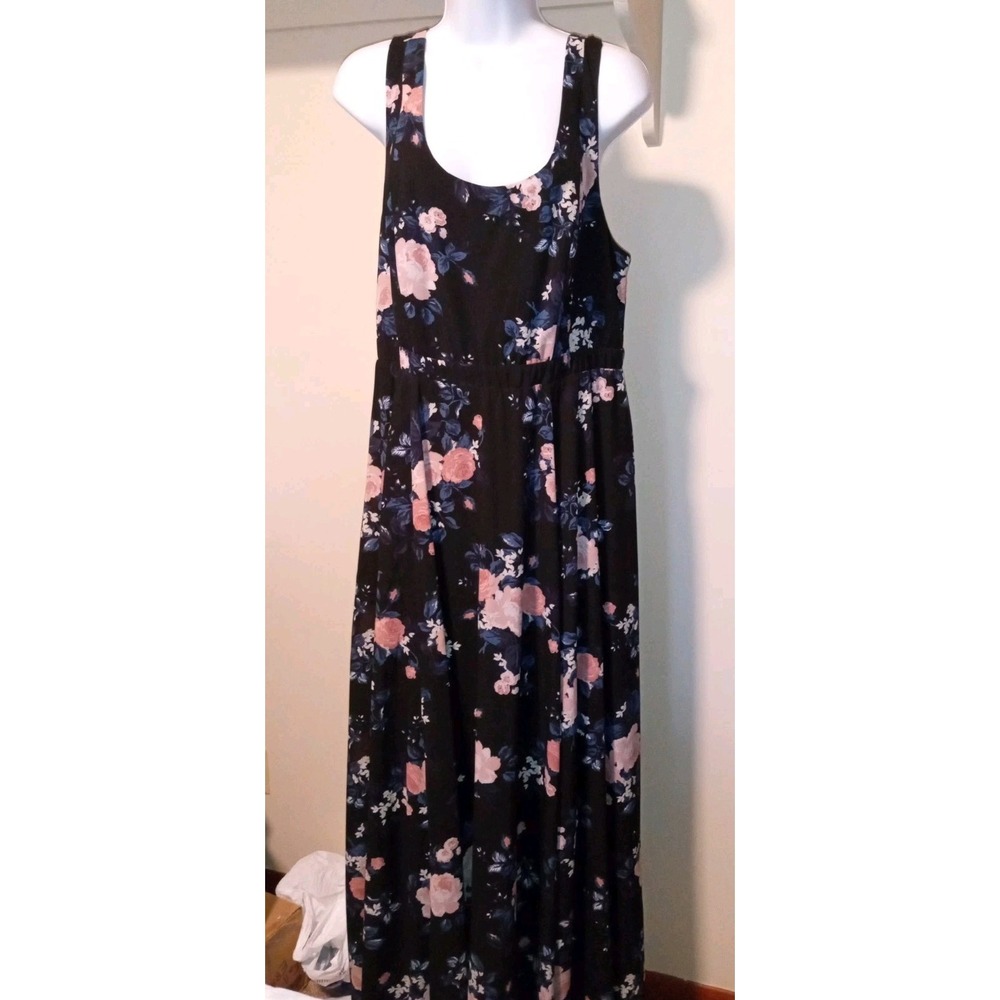 Torrid Womens Black Floral Scoop Neck Smocked Back Maxi Dress Size 0 Large XL